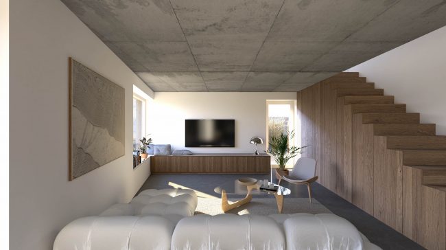 KUK šikmý rodinný dom vizualizácia interiér architektonická štúdia návrh interiéru