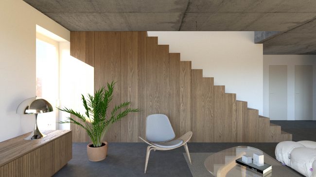 KUK šikmý rodinný dom vizualizácia interiér architektonická štúdia návrh interiéru