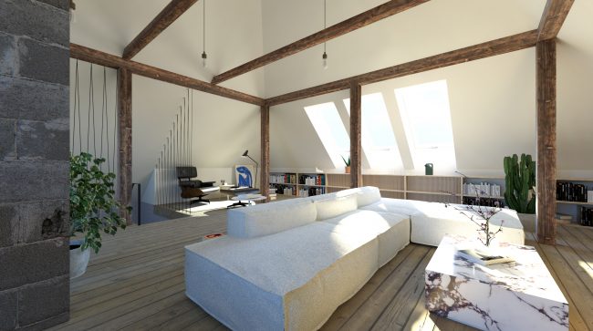 BELÁ podkrovie rodinný dom vizualizácia interiér architektonická štúdia návrh interiéru