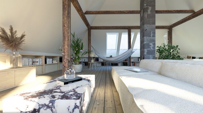 BELÁ podkrovie rodinný dom vizualizácia interiér architektonická štúdia návrh interiéru